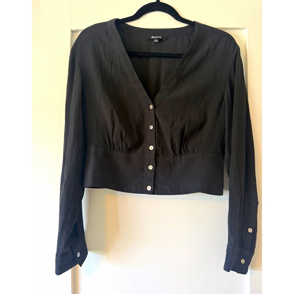 Madewell Cropped V Neck Button Front Top Womens Small Black Long Sleeve Blouse
